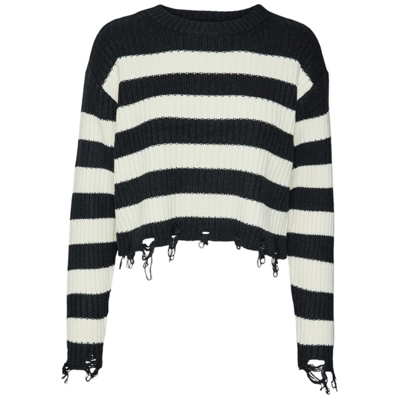 Vero Moda Black White Striped Distressed Cropped Sweater L NWT - Picture 2 of 6